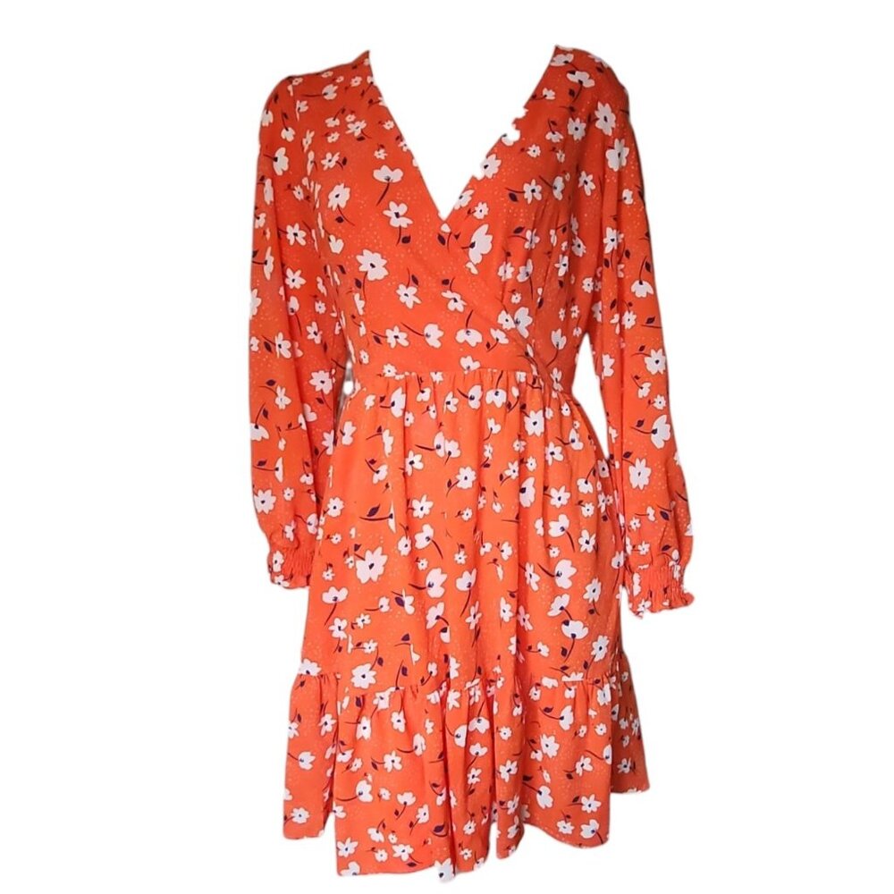 Eliza J Dress Womens Size 8 Orange White‎ Floral Long Sleeve Zip Back Surplice